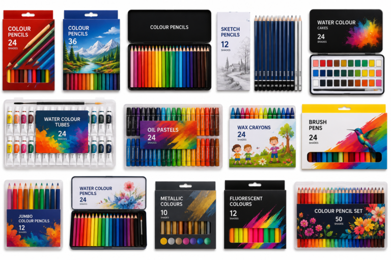 Drawing materials including colour pencils, crayons, water colours, oil pastels and brush pens