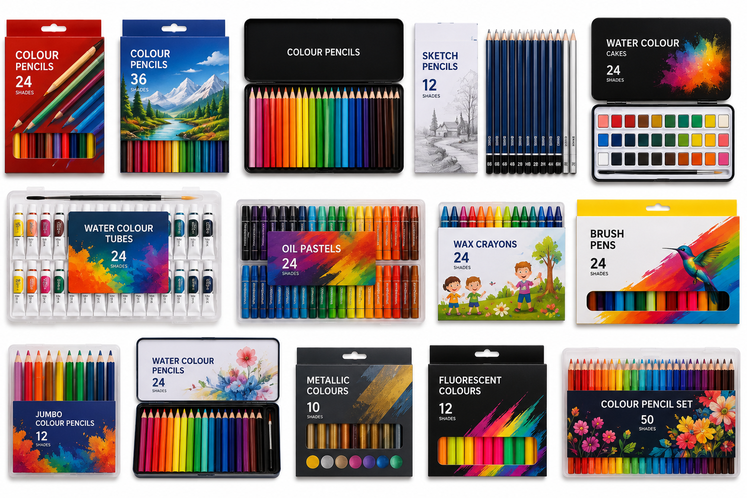 Drawing materials including colour pencils, crayons, water colours, oil pastels and brush pens
