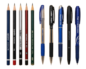 Collection of pens and pencils for writing and drawing