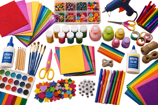 Craft materials including colored paper, beads, glue, brushes, scissors and craft supplies