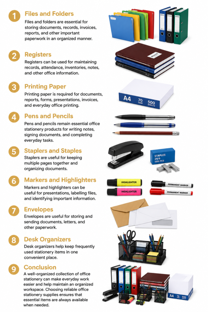 Essential office stationery supplies including files, registers and printing paper
